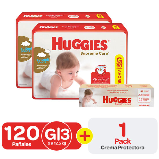 2 Packs Pañal Huggies Supreme Care Ahorrapack G + Crema Protectora Con Aceite De Almendras X 80 Gr